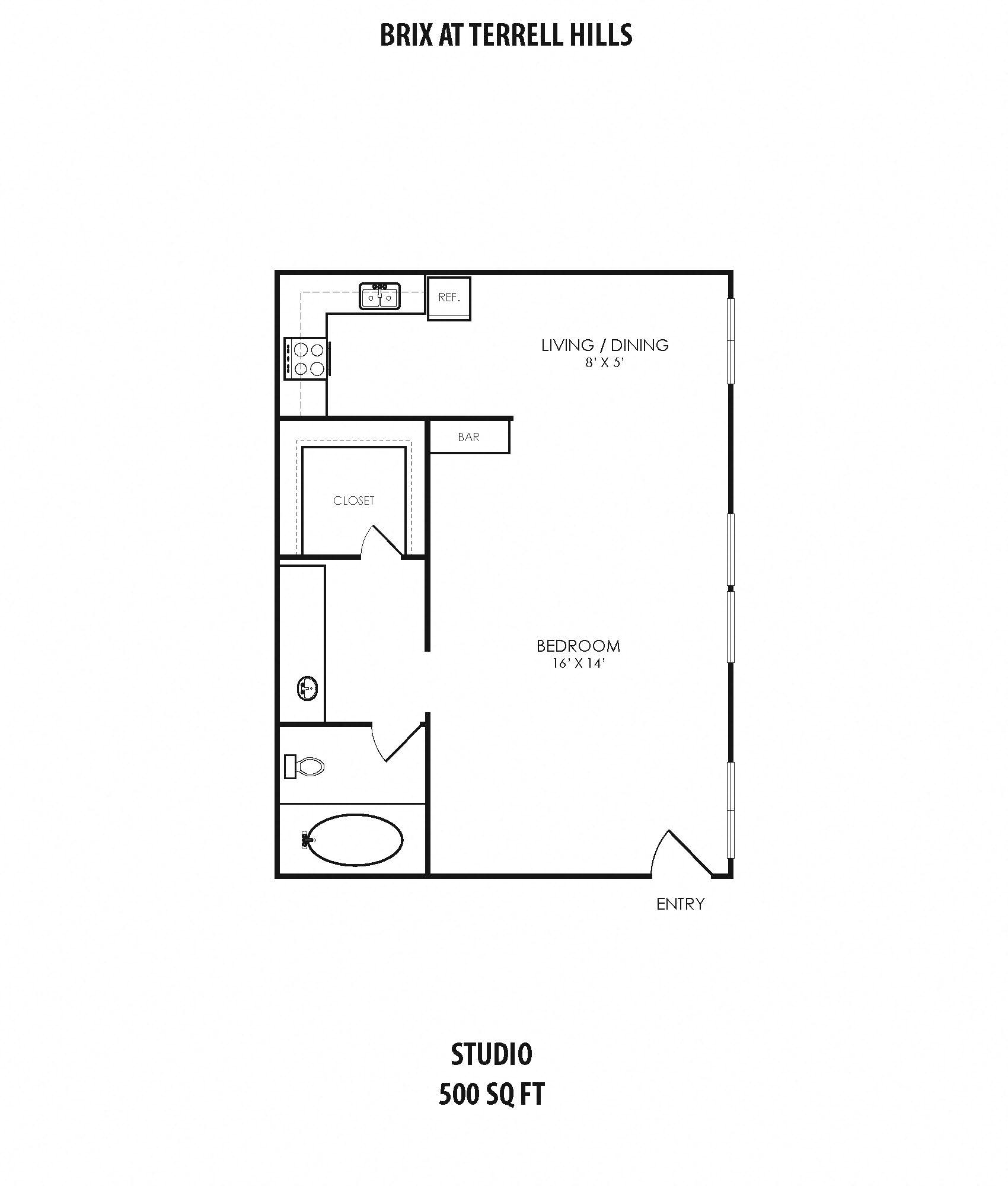 Floor plan for studio, 1 bath, 500 sqft